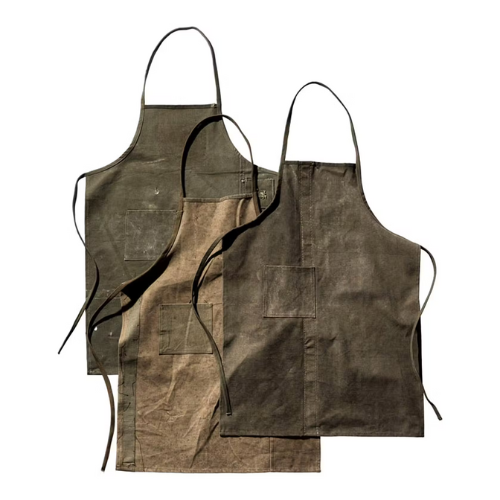 3 greenish-brown aprons against white background