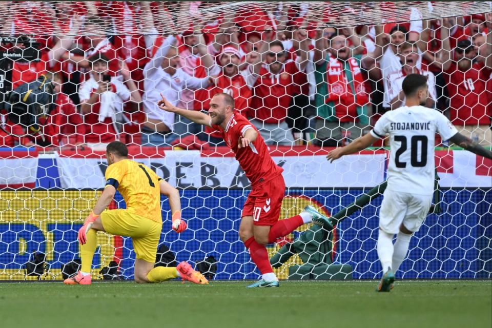 Eriksen celebrates opening the scoring for Denmark at Euro 2024 (Getty Images)