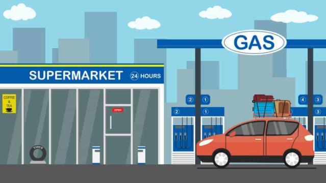 gas station, car, and 24-hour store