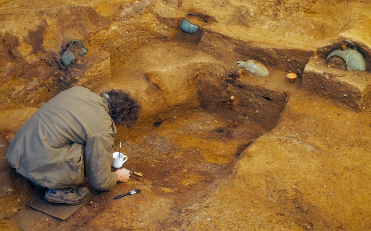 Archaeologists excavating the Prittlewell royal tomb - PA
