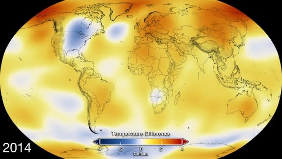 This color-coded map displays global temperature anomaly data from 2014.