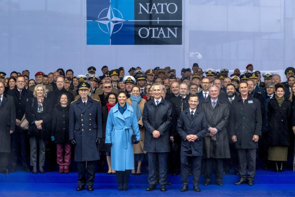 A photo of Secretary General Jens Stoltenberg, Swedish Prime Minister Ulf Kristersson, and Crown Princess Victoria of Sweden