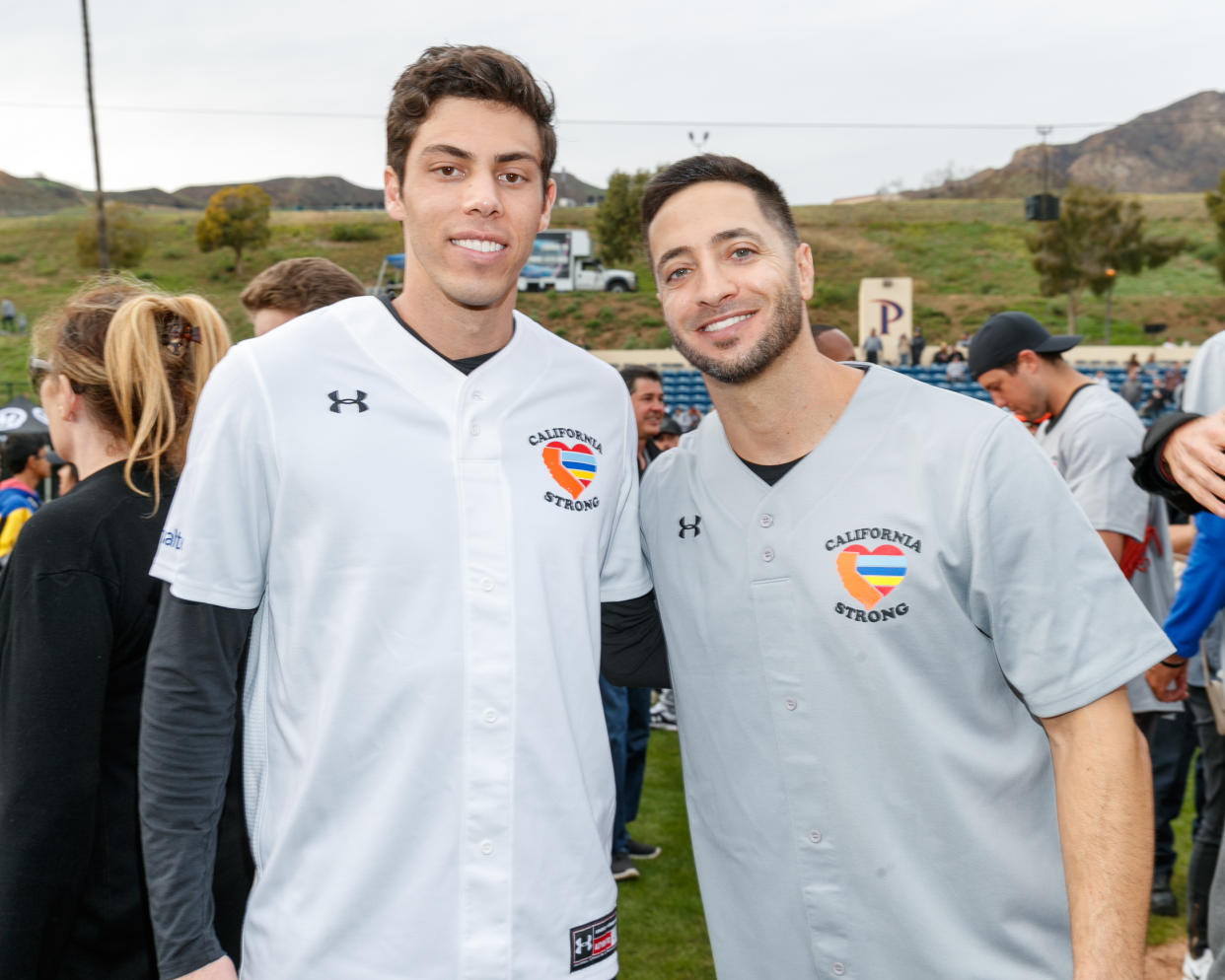 MALIBU, CALIFORNIA - JANUARY 13:   Christian Yelich and Ryan Braun attend a charity softball game to benefit "California Strong" at Pepperdine University on January 13, 2019 in Malibu, California. (Photo by Rich Polk/Getty Images for California Strong)