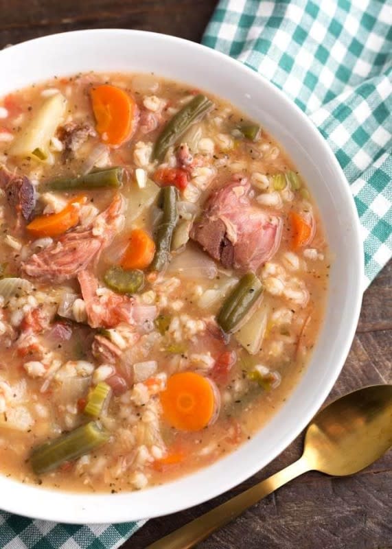 <p>Simply Happy Foodie</p><p>Everyone will love the salty ham added to this soup! </p><p><strong>Get the Recipe: <a href="https://www.simplyhappyfoodie.com/slow-cooker-ham-vegetable-barley-soup" rel="nofollow noopener" target="_blank" data-ylk="slk:Crock Pot Ham and Barley Soup;elm:context_link;itc:0;sec:content-canvas" class="link rapid-noclick-resp">Crock Pot Ham and Barley Soup</a></strong></p>