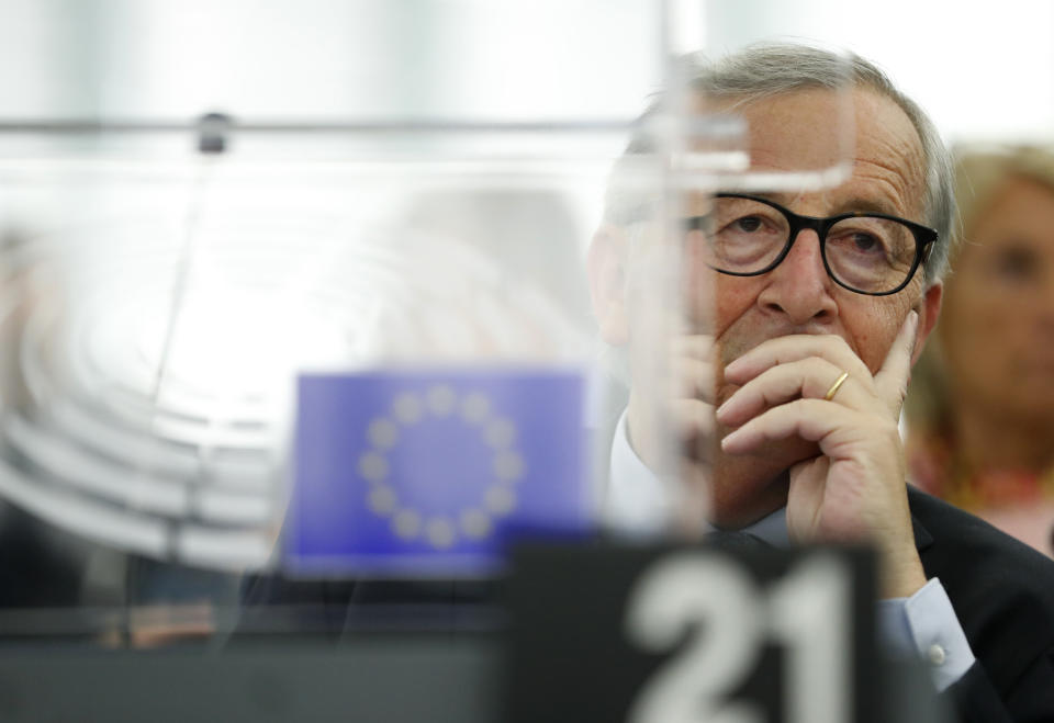 European Commission President Jean-Claude Juncker listens Wednesday, Sept. 18, 2019 in Strasbourg, eastern France, as members of the European Parliament discuss the current state of play of the UK's withdrawal from the EU. (AP Photo/Jean-Francois Badias)