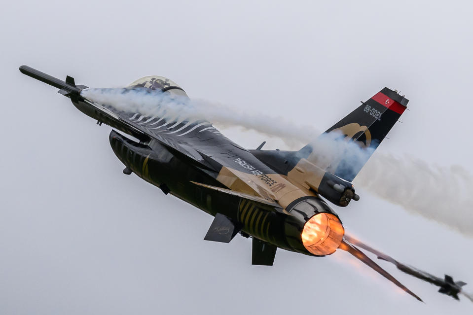 A Lockheed Martin F-16C Fighting Falcon of the SoloT?rk Demo Team is performing during the Royal International Air Tattoo at RAF Fairford in Gloucestershire, England, on July 20, 2024. (Photo by MI News/NurPhoto via Getty Images)