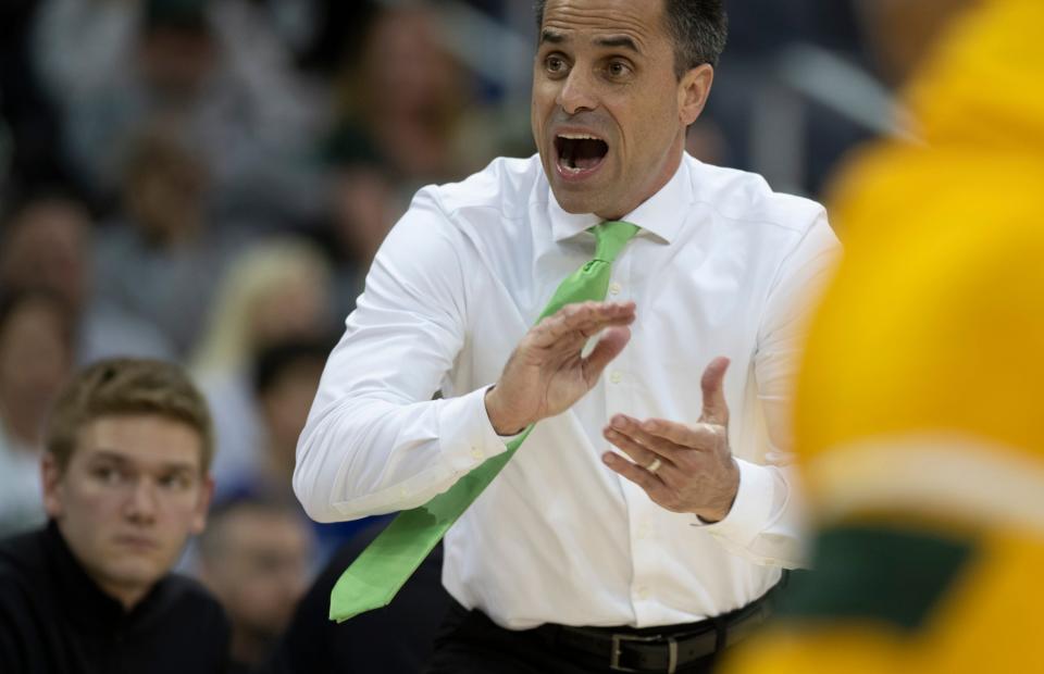 Northwest Missouri State coach Ben McCollum instructs his players during the NCAA Division II Men's Elite Eight at the Ford Center in Evansville, Ind., on March 24, 2022. McCollum has been hired as Drake's new men's basketball coach.