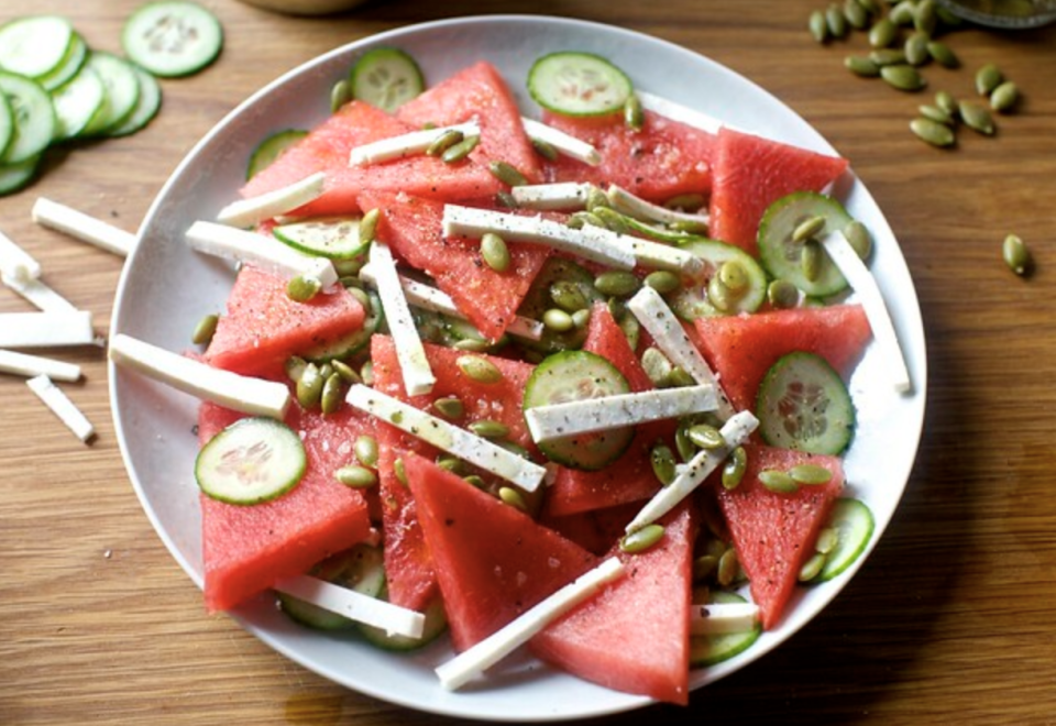 This is literally all your summer favorites in one. You can't get any fresher than this watermelon-loaded plate, and you won't believe how easy it is to throw together.Recipe: Watermelon Cucumber Salad