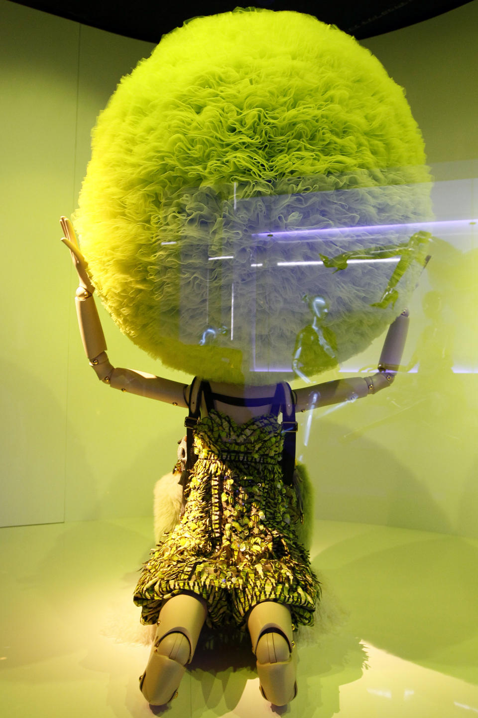 A fashion creation is displayed at the Louis Vuitton-Marc Jacobs exhibit in the Art Decoratifs Museum in Paris, Thursday, March 8, 2012. (AP Photo/Francois Mori)