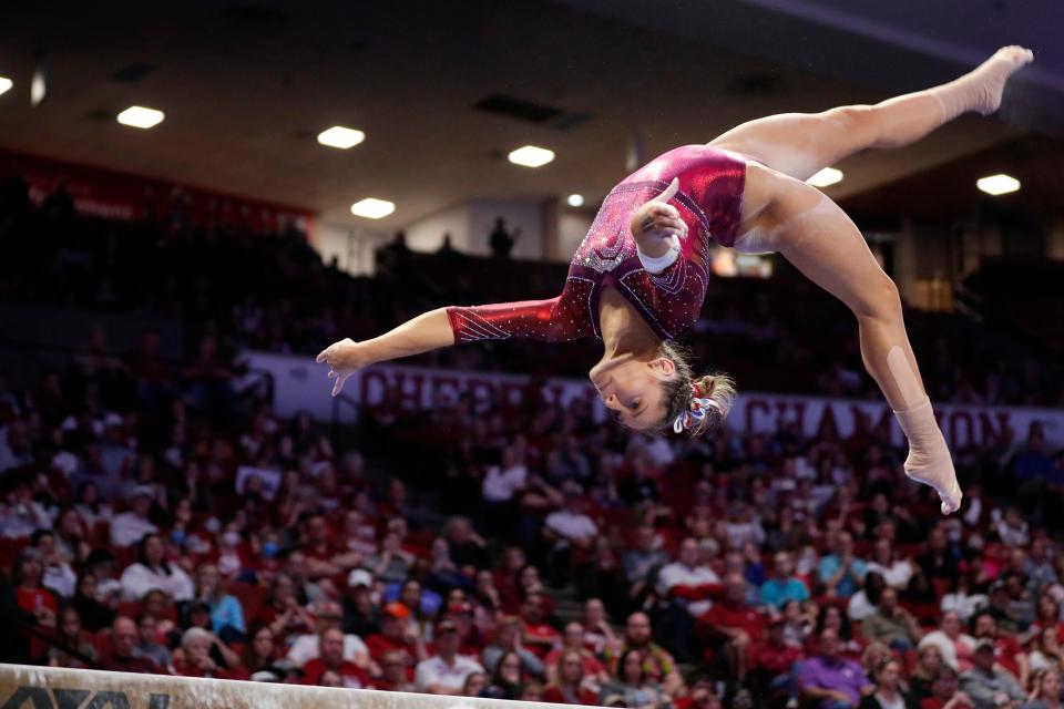 OU's Jordan Bowers competes on the beam during the NCAA women's gymnastics regionals at Lloyd Noble Center in Norman on April 1.