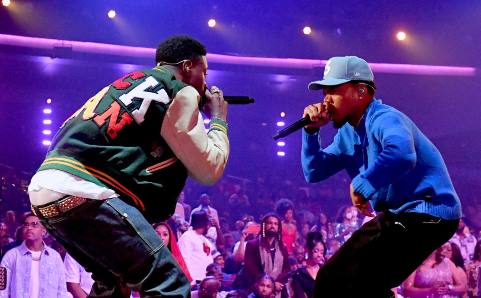 LOS ANGELES, CALIFORNIA – JUNE 26: (L-R) Joey Bada$$ and Chance the Rapper perform onstage during the 2022 BET Awards at Microsoft Theater on June 26, 2022 in Los Angeles, California. Photo by Aaron J. Thornton/Getty Images for BET.