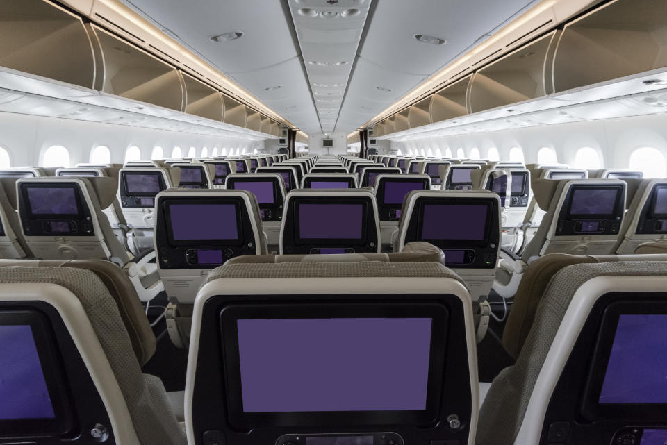 Cabin interior of a modern passenger aircraft (wide body)