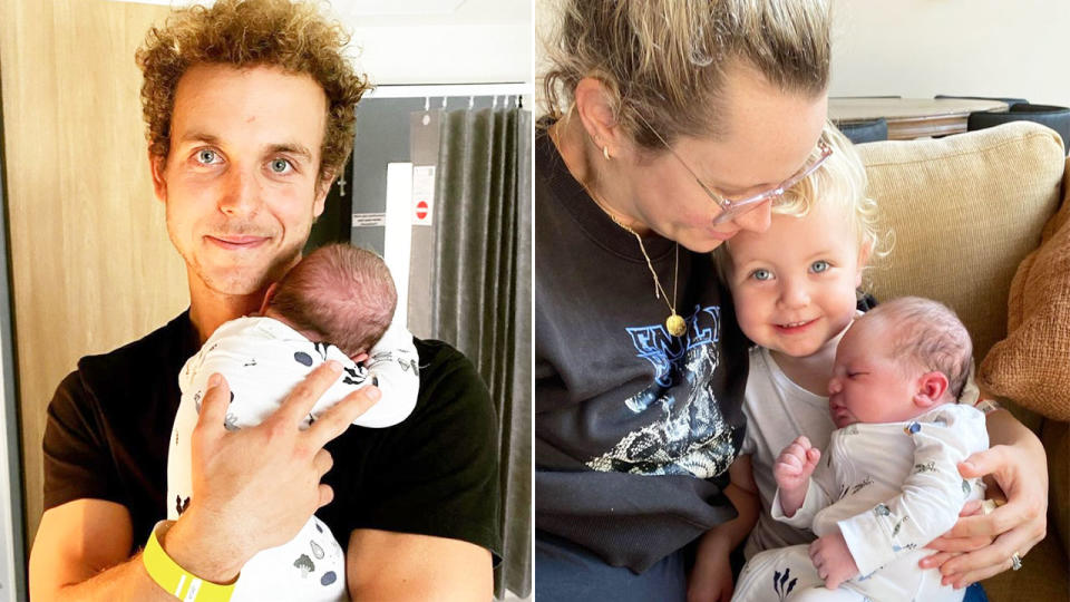 Pictured here, Western Bulldogs star Mitch Wallis and wife Emily with their newborn son William.