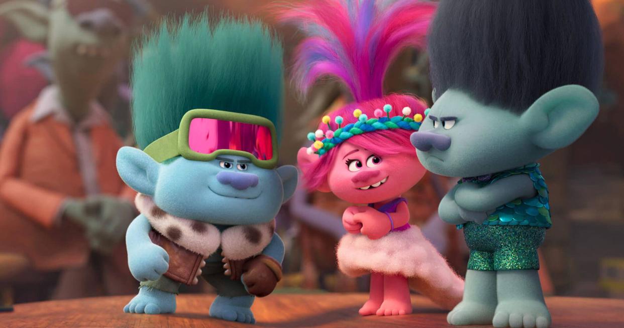  (From left to right) John Dory (Eric Andre), Poppy (Anna Kendrick), and Branch (Justin Timberlake) in Trolls Band Together. 