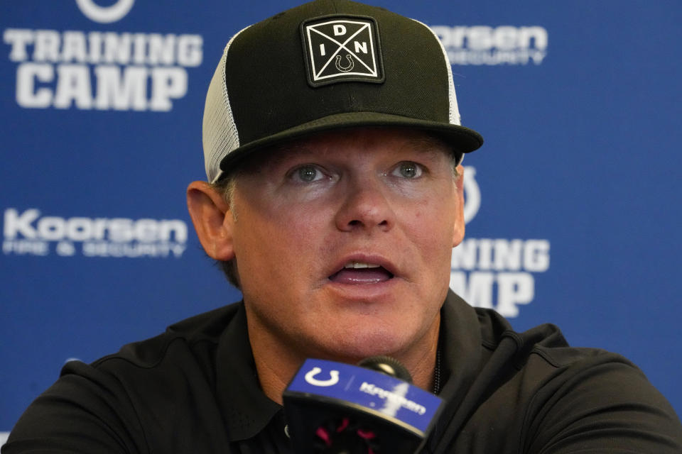 Indianapolis Colts general manager Chris Ballard speaks with the media at the NFL team's football training camp in Westfield, Ind., Tuesday, July 25, 2023. The Colts open practice on Wednesday. (AP Photo/Michael Conroy)