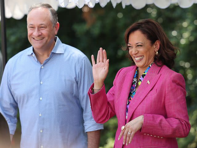 <p>Kevin Dietsch/Getty</p> Kamala Harris and Douglas Emhoff 2023