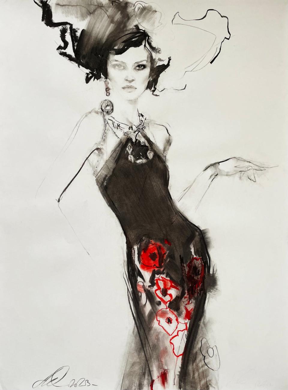 Dior by John Galliano July 1997, charcoal & colour on paper, 2023 (David Downton)