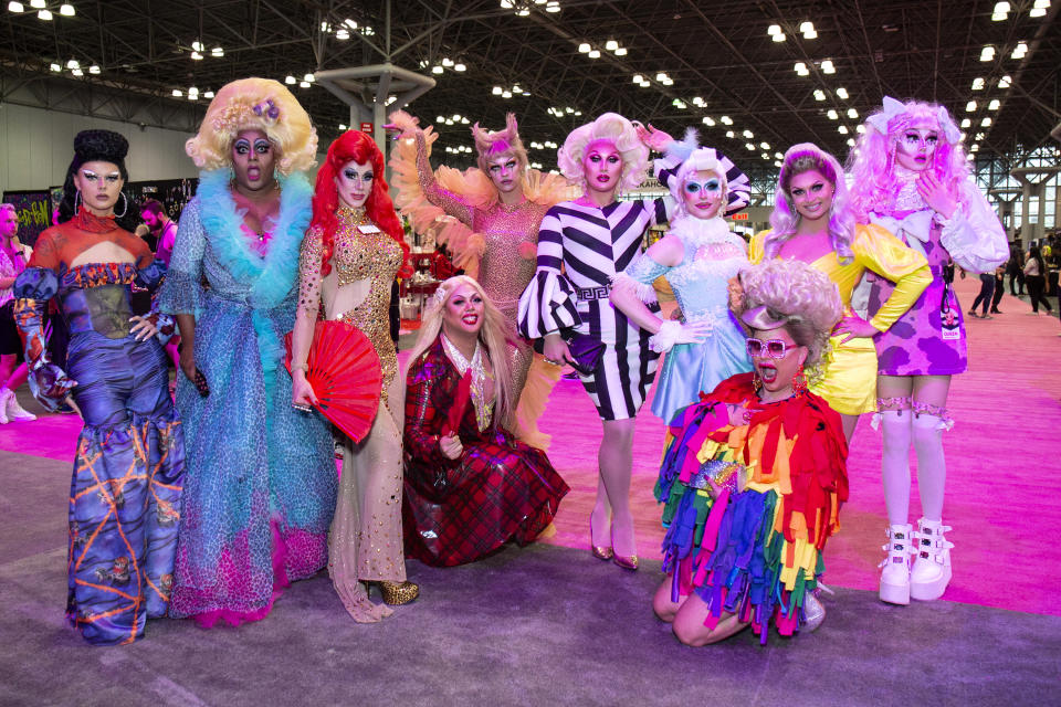 Gothy Kendoll, Vinegar Strokes, Divina De Campo, Sum Ting Wong, Crystal, the Vivienne, Blu Hydrangea, Baga Chipz, Cheryl Hole and Scaredy Kat of RuPaul's Drag Race UK, premiering in December, at RuPaul's DragCon 2019 in New York City. (Photo: Santiago Felipe/Getty Images)