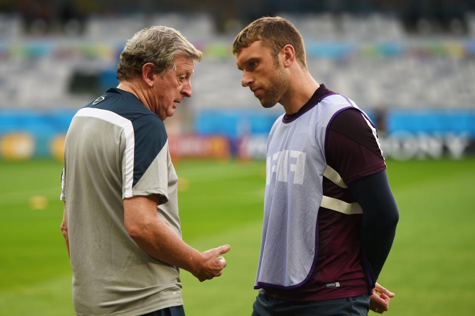 Roy Hodgson and Rickie Lambert in conversation at the 2014 World CupThe FA via Getty Images