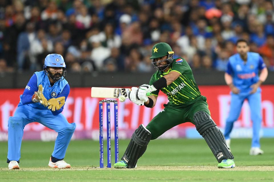 Iftikhar Ahmed of Pakistan bats during the ICC Men's T20 World Cup match between India and Pakistan at Melbourne Cricket Ground on October 23, 2022 in Melbourne, Australia.