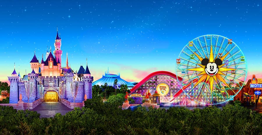 The Disneyland Resort, featuring Sleeping Beauty Castle, Space Mountain, and the Incredicoaster 