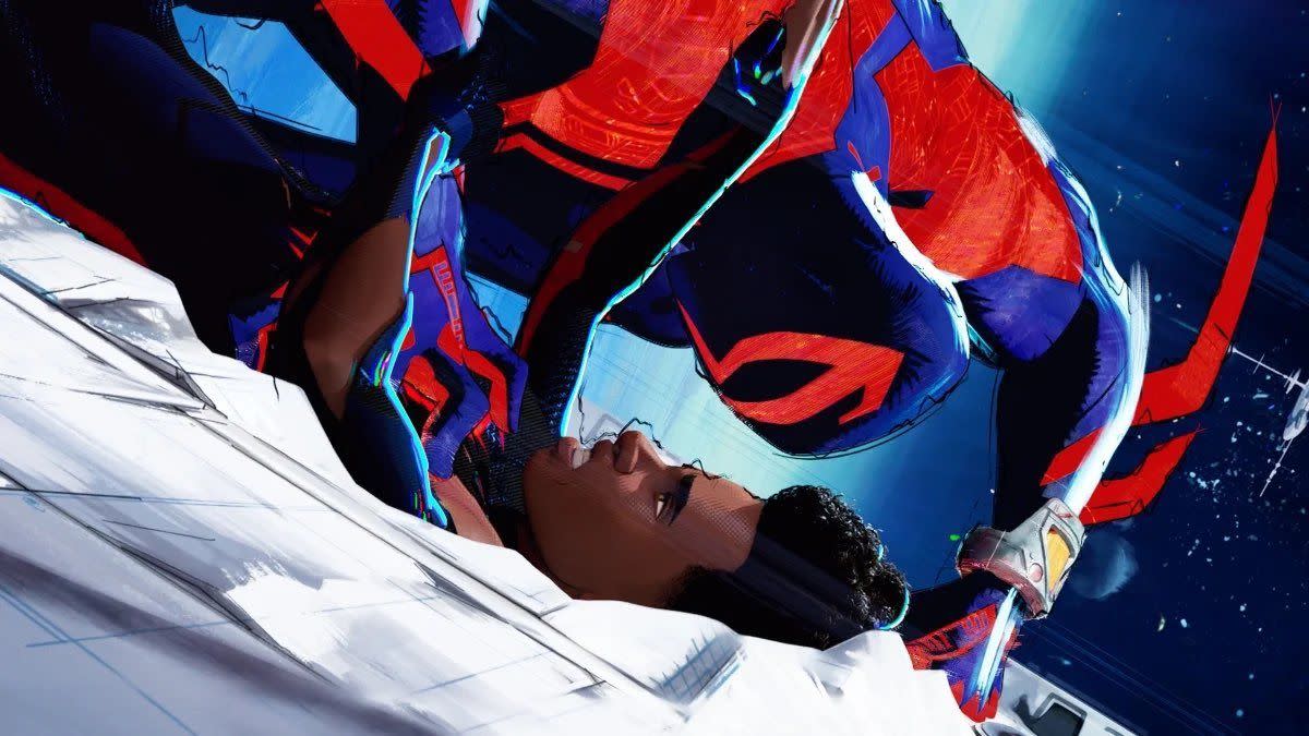 spiderman across the spiderverse, spidey 2099 versus miles morales, spidey 2099 has miles pinned down and looks like he's about to punch