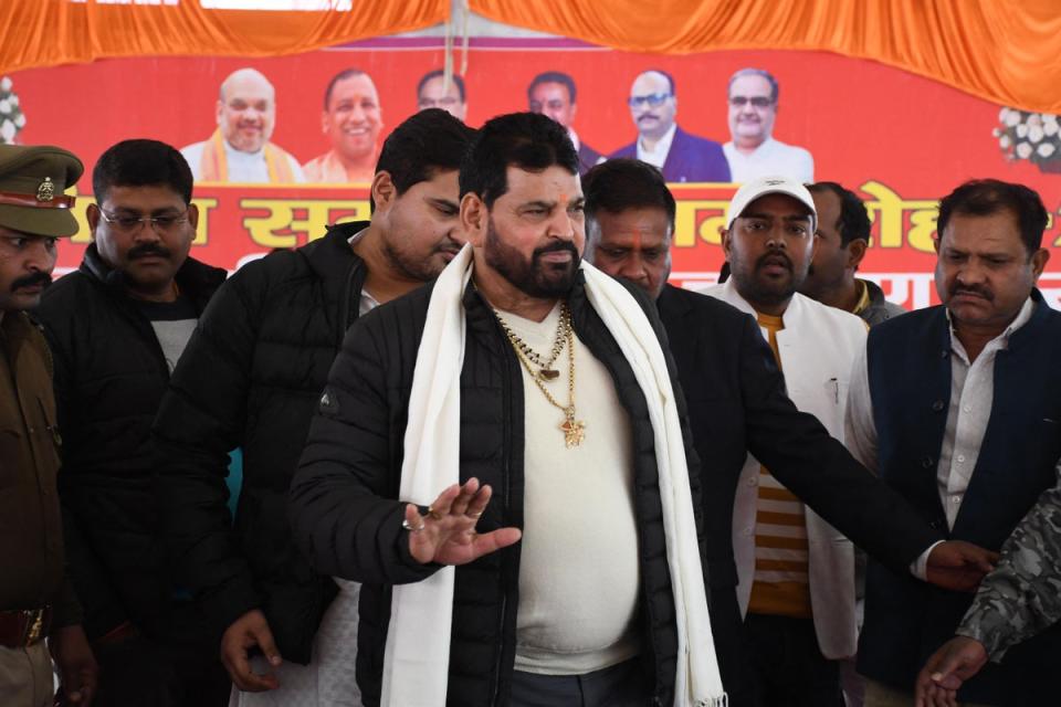 Wrestling Federation of India (WFI) president Brij Bhushan Sharan Singharrives to address a press conference in Gonda (AFP via Getty Images)
