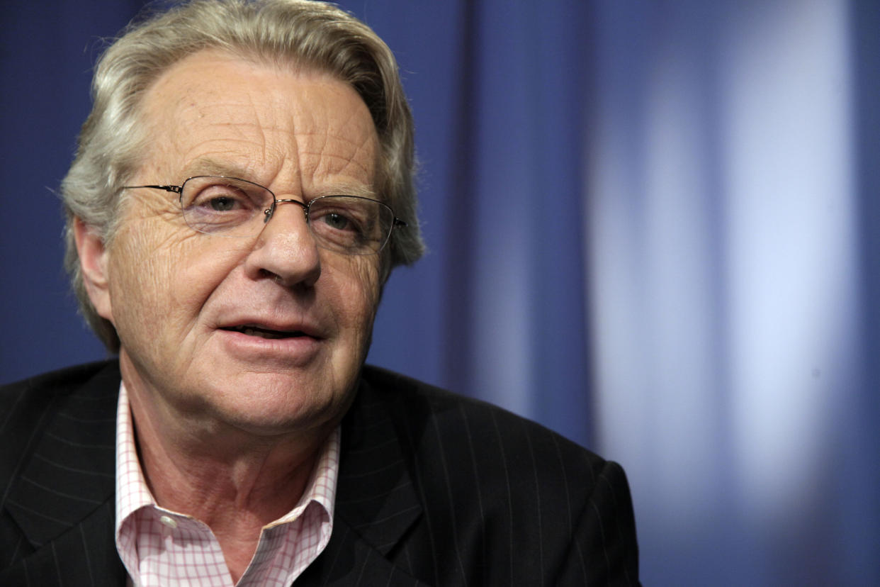 FILE - This April 15, 2010 file photo shows talk show host Jerry Springer in New York Springer, a man who knows something about out-of-control television, says the raucous Republican campaign is too much even for him, he said during an interview on MSNBC on Tuesday, March 15, 2016. (AP Photo/Richard Drew, file)