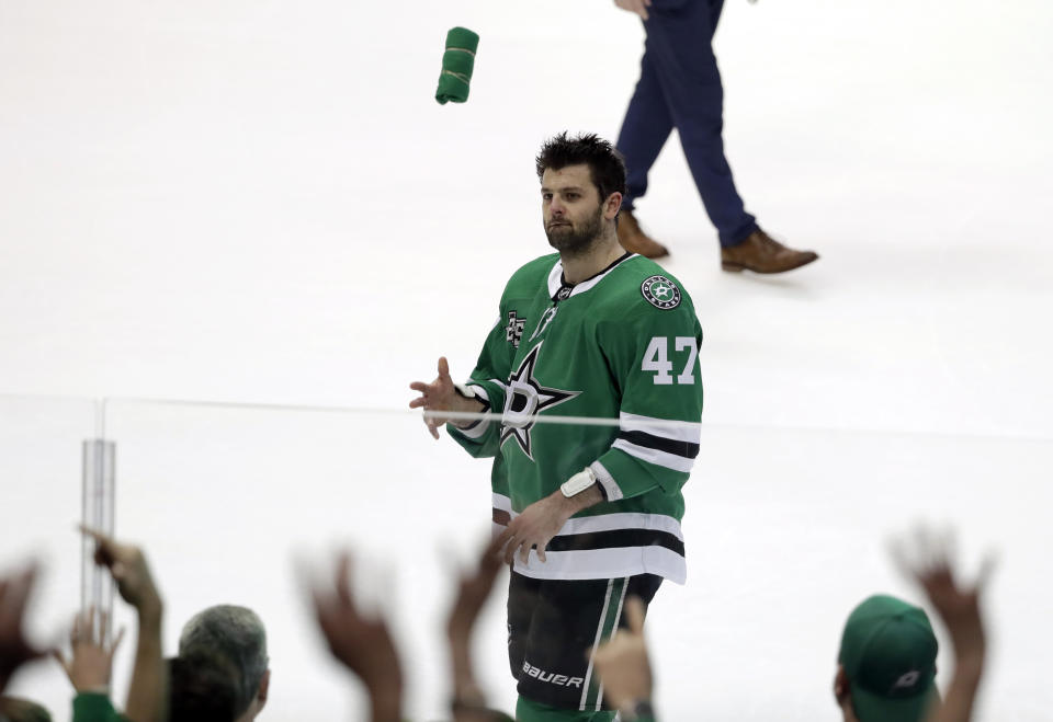 Stars right winger Alexander Radulov got some help from a fan wearing a replica jersey his size during a preseason game. (AP)