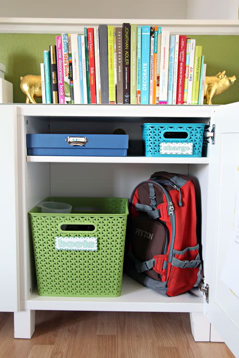 Store backpacks and shoes in a cubby.