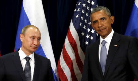 U.S. President Barack Obama and Russian President Vladimir Putin meet at the United Nations General Assembly in New York September 28, 2015. REUTERS/Kevin Lamarque