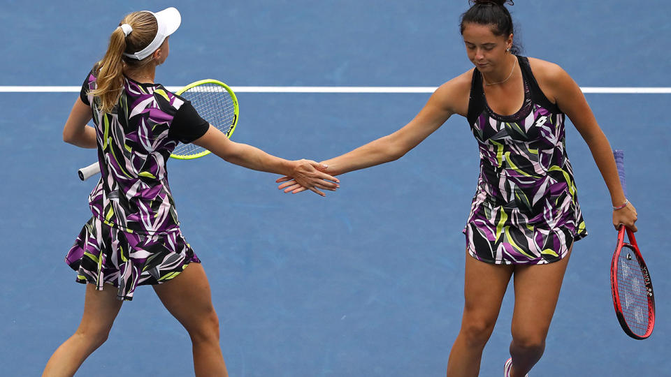 Aliaksandra Sasnovich and Viktoria Kuzmova, pictured here in action at the US Open.