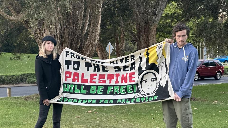 Students for Palestine WA protesting outside Crown Casino where Prime Minister Anthony Albanese was giving a speech at a business breakfast in Perth. Picture: NCA NewsWire / Emma Kirk