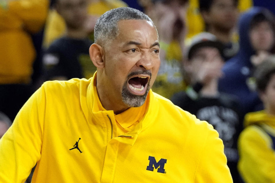 Michigan head coach Juwan Howard yells during the first half of an NCAA college basketball game against Nebraska, Sunday, March 10, 2024, in Ann Arbor, Mich. Michigan fired Howard on Friday, March 15, 2024, after five seasons, 82-67 record and two NCAA Tournament trips. (AP Photo/Carlos Osorio, File)