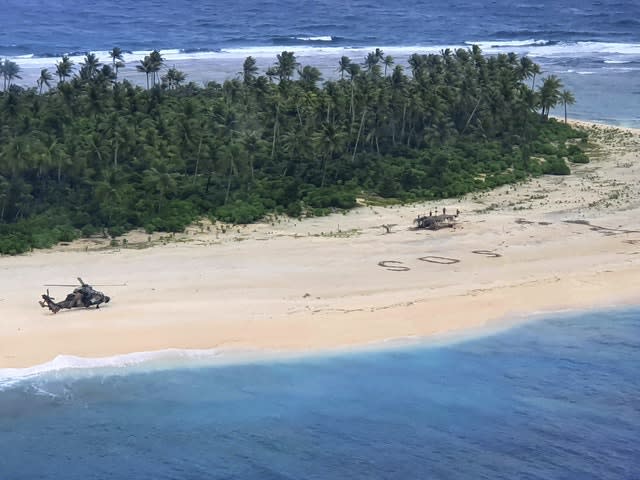 An Australian Army helicopter lands on Pikelot Island in the Federated States of Micronesia 