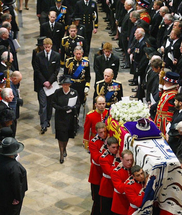 Royal Family follows the Queen Mother's coffin in 2002