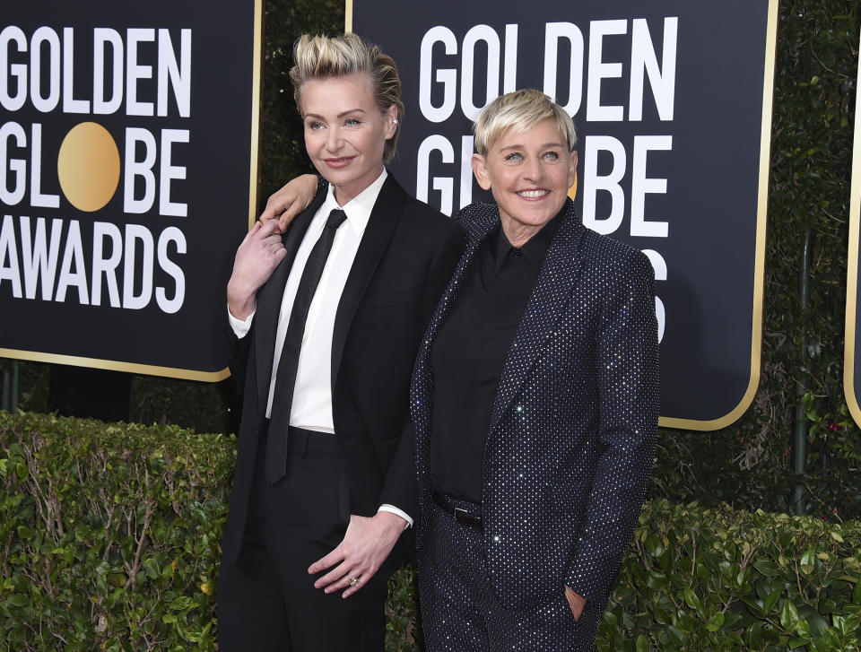 Portia de Rossi, left, and Ellen DeGeneres arrive at the 77th annual Golden Globe Awards at the Beverly Hilton Hotel on Sunday, Jan. 5, 2020, in Beverly Hills, Calif. (Photo by Jordan Strauss/Invision/AP)