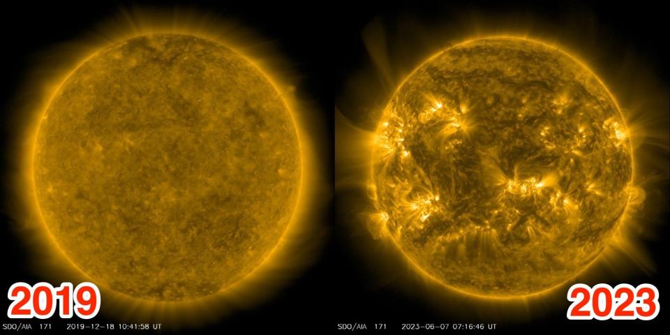 Side by side annotated pictures show the sun in 2019 and 2023. The sun looks a lot quieter 4 years ago, now it is bursting with eruptions and turmoil.