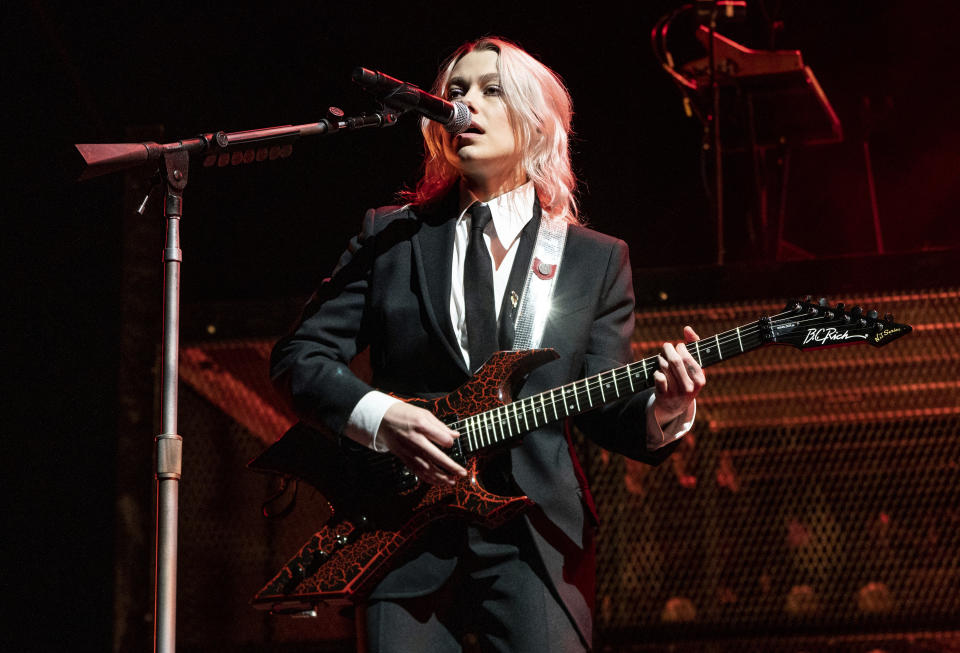 FILE - Phoebe Bridgers of Boygenius performs at the Coachella Music & Arts Festival at the Empire Polo Club on Saturday, April 15, 2023, in Indio, Calif. (Photo by Amy Harris/Invision/AP, File)