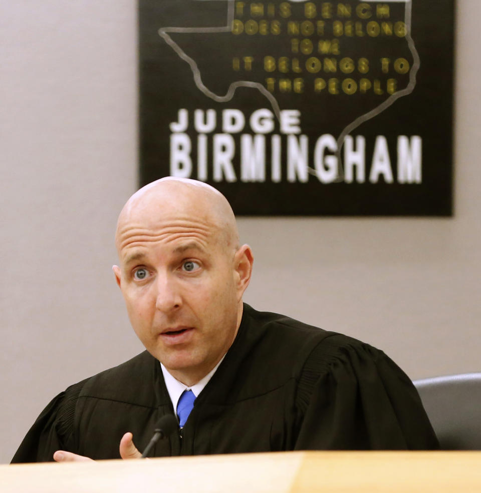 Judge Brandon Birmingham speaks during the first day of the trial of fired Balch Springs police officer Roy Oliver, who is charged with the murder of 15-year-old Jordan Edwards, at the Frank Crowley Courts Building in Dallas on Thursday, Aug. 16, 2018. (Rose Baca/The Dallas Morning News via AP, Pool)