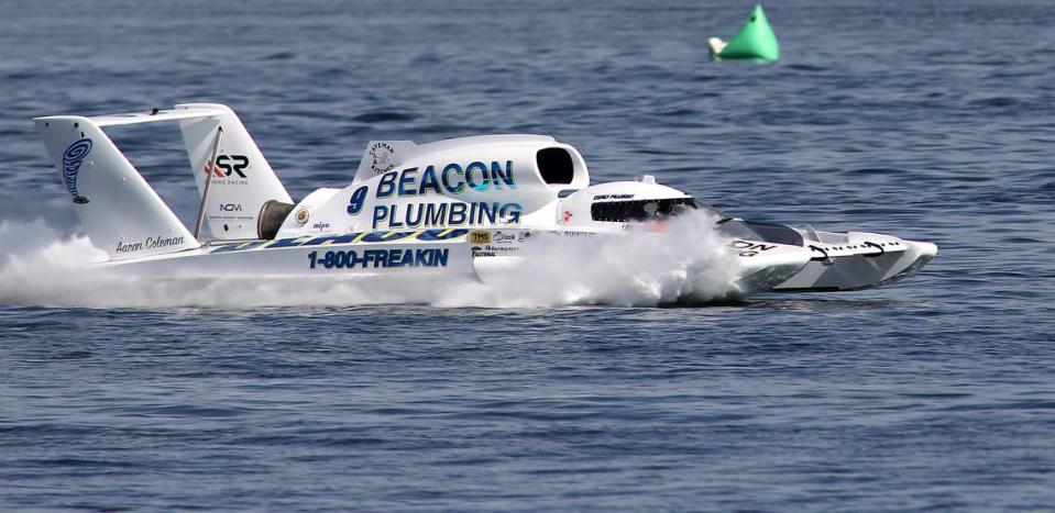 Driver Corey Peabody navigates around the Columbia River in the U-9 Beacon Plumbing unlimited hydroplane during a testing session for this weekend’s Columbia Cup race in the Tri-Cities.