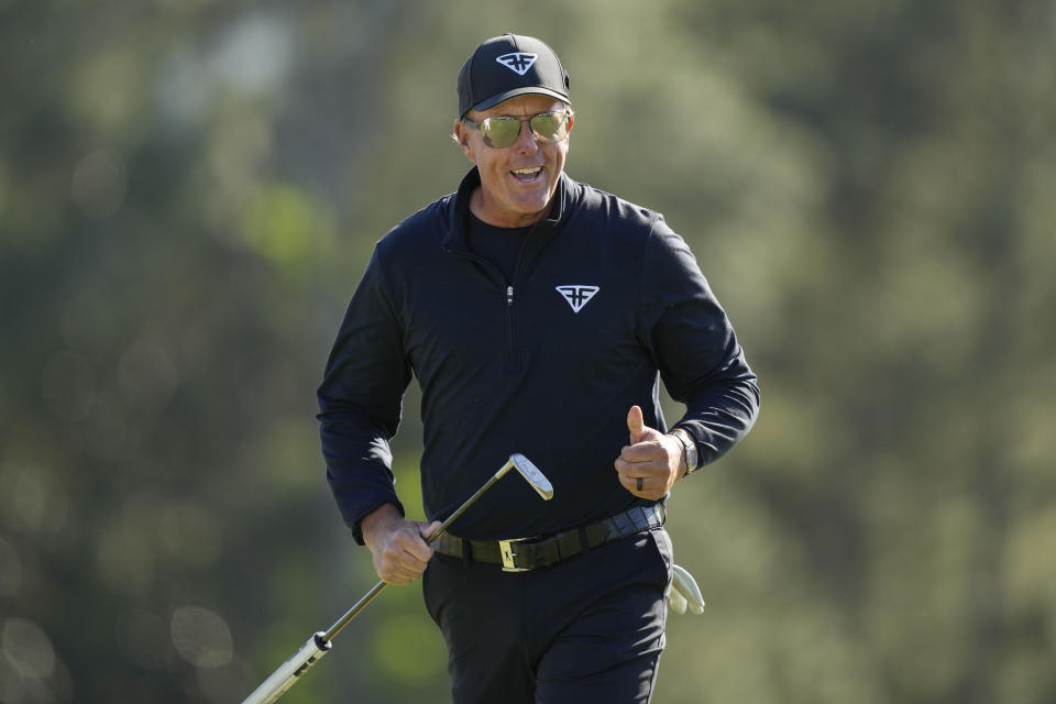 Phil Mickelson reacts on the 18th hole during the final round of the Masters golf tournament at Augusta National Golf Club on Sunday, April 9, 2023, in Augusta, Ga. (AP Photo/David J. Phillip)