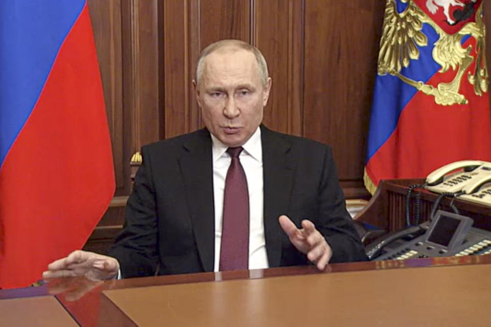 FILE - In this image made from video released by the Russian Presidential Press Service, Russian President Vladimir Putin addressees the nation in Moscow, Russia, on Feb. 24, 2022. The invasion of Ukraine begins, which Putin characterises as a "special military operation" needed to protect Russia's security. (Russian Presidential Press Service via AP, File)