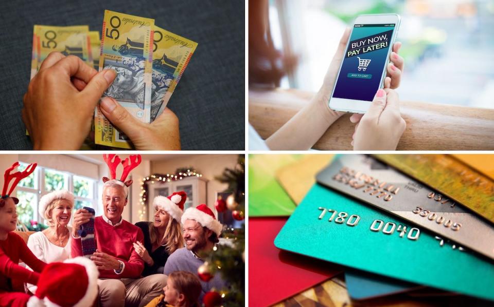 Compilation image of hands counting out $50 notes, buy-now-pay-later written on the screen of a smartphone, a multigenerational family with Christmas attire opening presents and a pile of credit cards