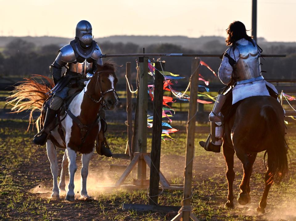 Nicholas Ochoa, left, is tapped by Tony May’s lance as they train at the Heartlands Renaissance Festival March 2. The Renaissance faire is new to the area, opening this month on Ochoa’s ranch outside of Gustine in Comanche County.