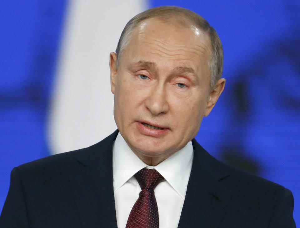 Russian President Vladimir Putin delivers a state-of-the-nation address in Moscow, Russia, Wednesday, Feb. 20, 2019. Putin said Russia needs to focus on raising living standards. (AP Photo/Alexander Zemlianichenko)