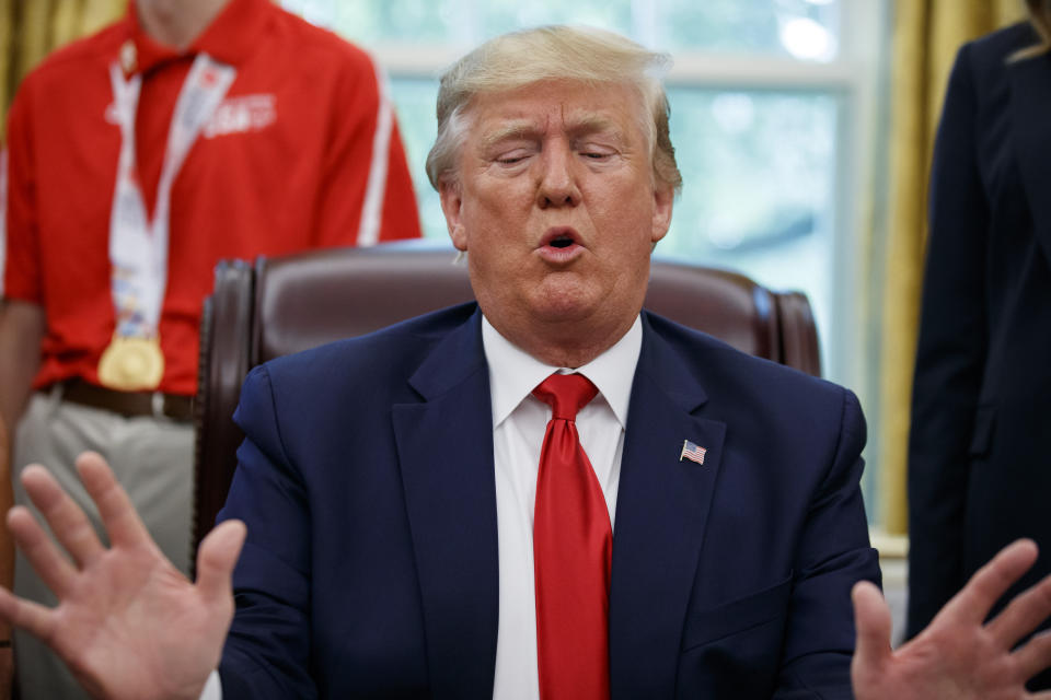 President Donald Trump speaks during a photo opportunity with members of the 2019 U.S. Special Olympics athletes and staff, in the Oval Office of the White House, Thursday, July 18, 2019, in Washington. (AP Photo/Alex Brandon)