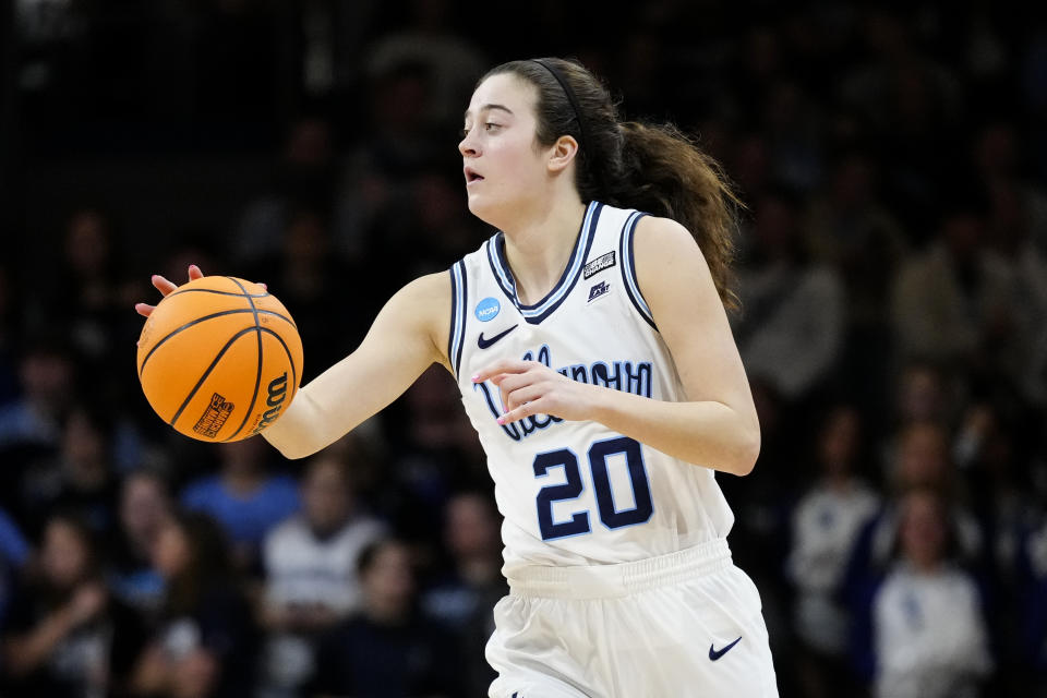 Villanova's Maddy Siegrist dribbles the ball during the second half of a first-round college basketball game against the Cleveland State in the NCAA Tournament, Saturday, March 18, 2023, in Villanova, Pa. (AP Photo/Matt Rourke)