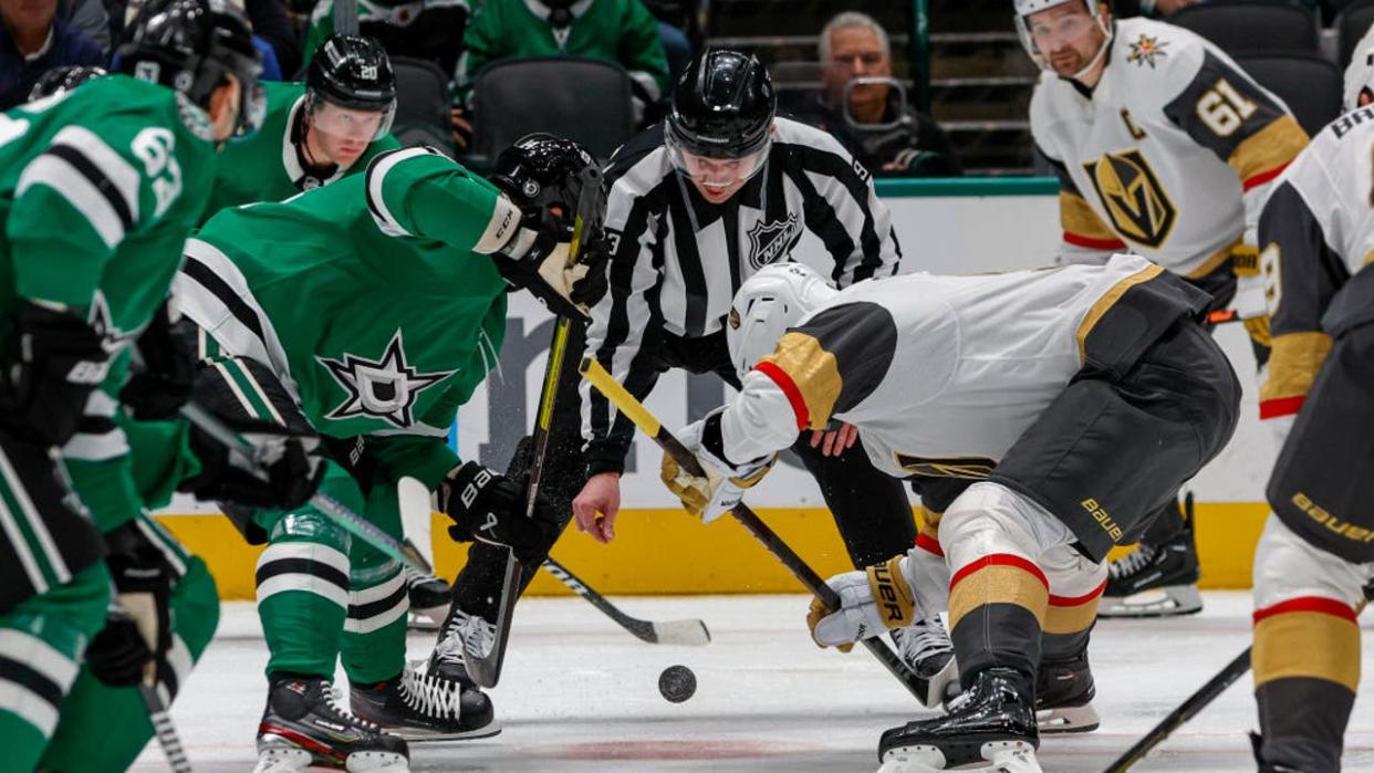 <div>DALLAS, TX - DECEMBER 09: Dallas Stars left wing Jamie Benn (14) and Vegas Golden Knights center Jack Eichel (9) face-off during the game between the Dallas Stars and the Vegas Golden Knights on December 9, 2023 at American Airlines Center in Dallas, Texas. (Photo by Matthew Pearce/Icon Sportswire via Getty Images)</div>