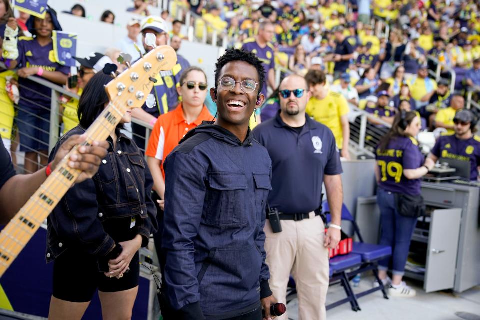 BRELAND heads out on to the field to perform before the inaugural match at GEODIS Park in Nashville, Tenn., Sunday, May 1, 2022.